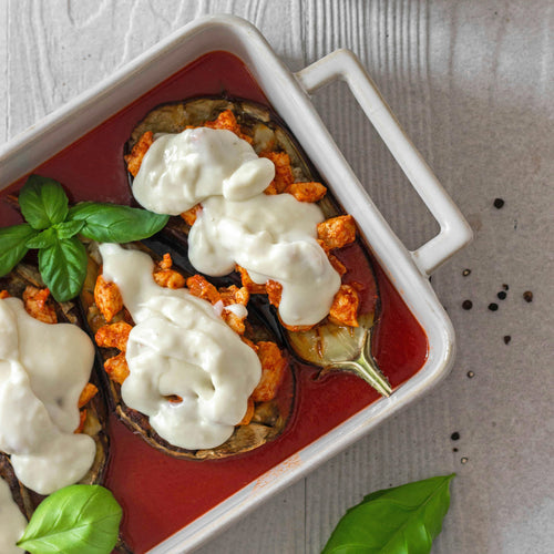 Baked Stuffed Eggplant with Mozzarella and Chicken