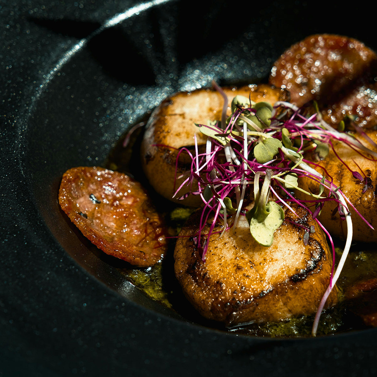 Pan-Seared Scallops with Chorizo & Herb Oil
