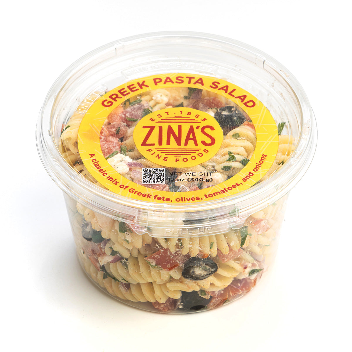 12 oz retail container of Zina's Fine Foods Greek Pasta Salad with feta, olives, tomatoes and onions