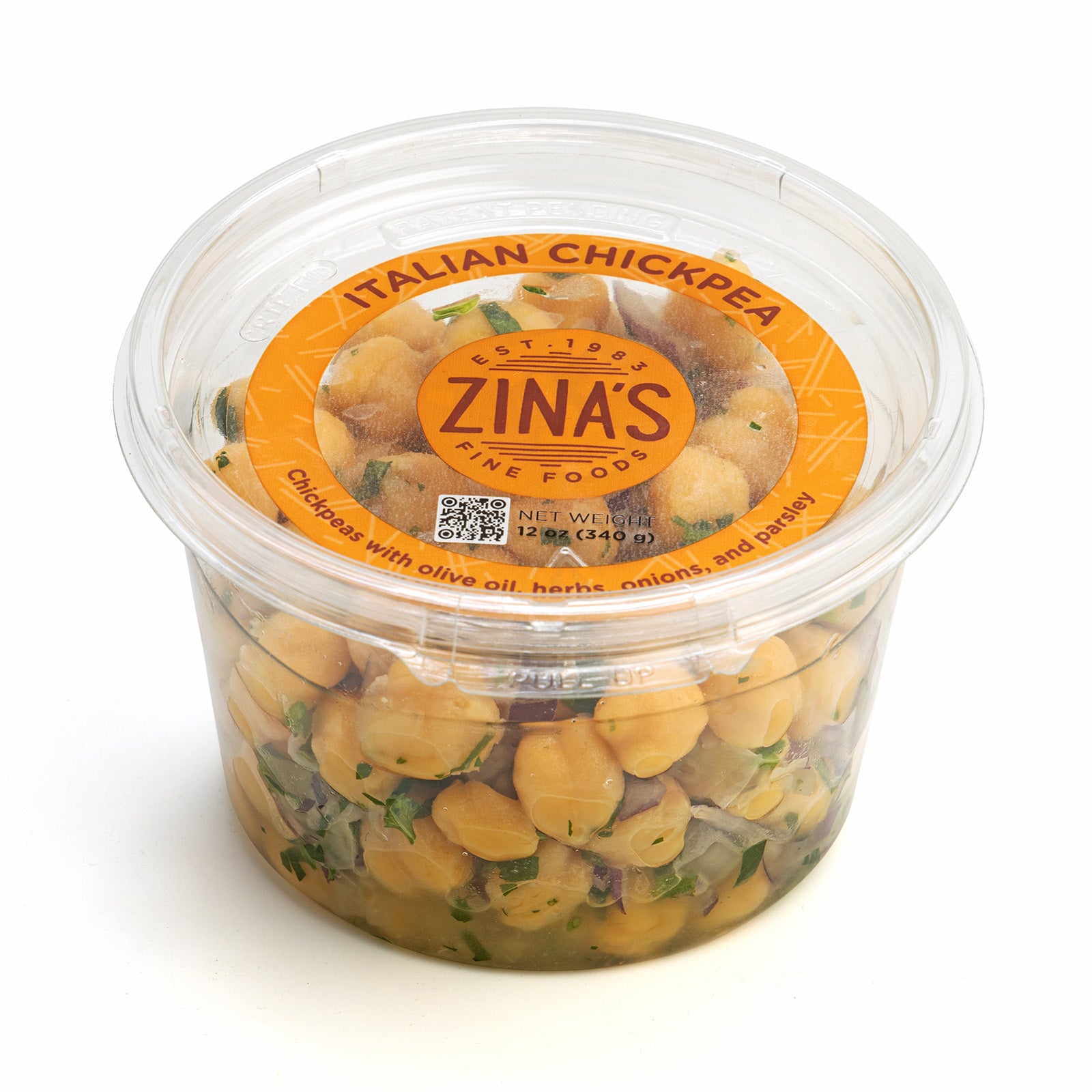 12 oz retail container of Zina's Fine Foods Italian Chickpea with olive oil, herbs, onions and parsley