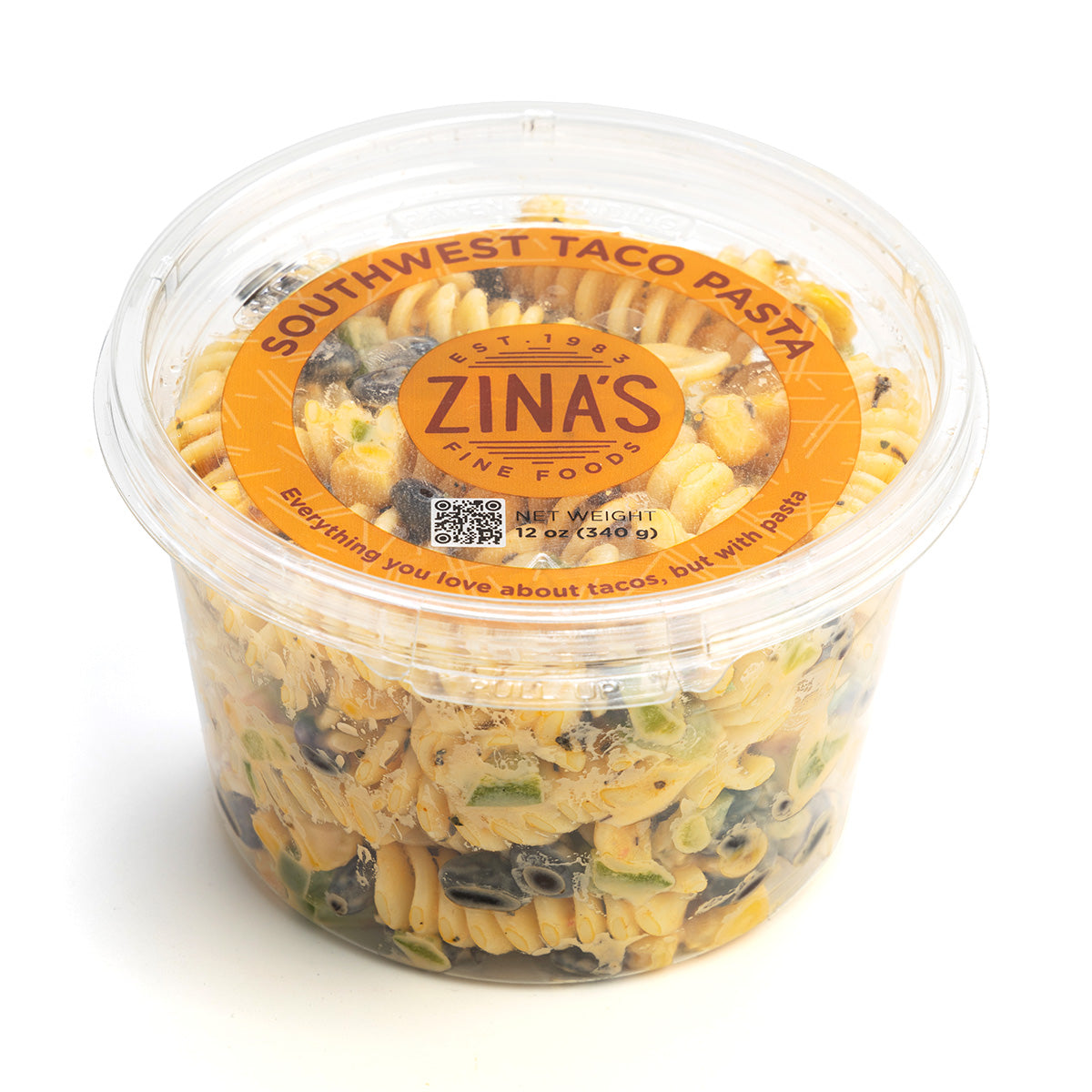 12 oz retail container of Zina's Fine Foods Southwest Taco Pasta — everything you love about tacos, with pasta