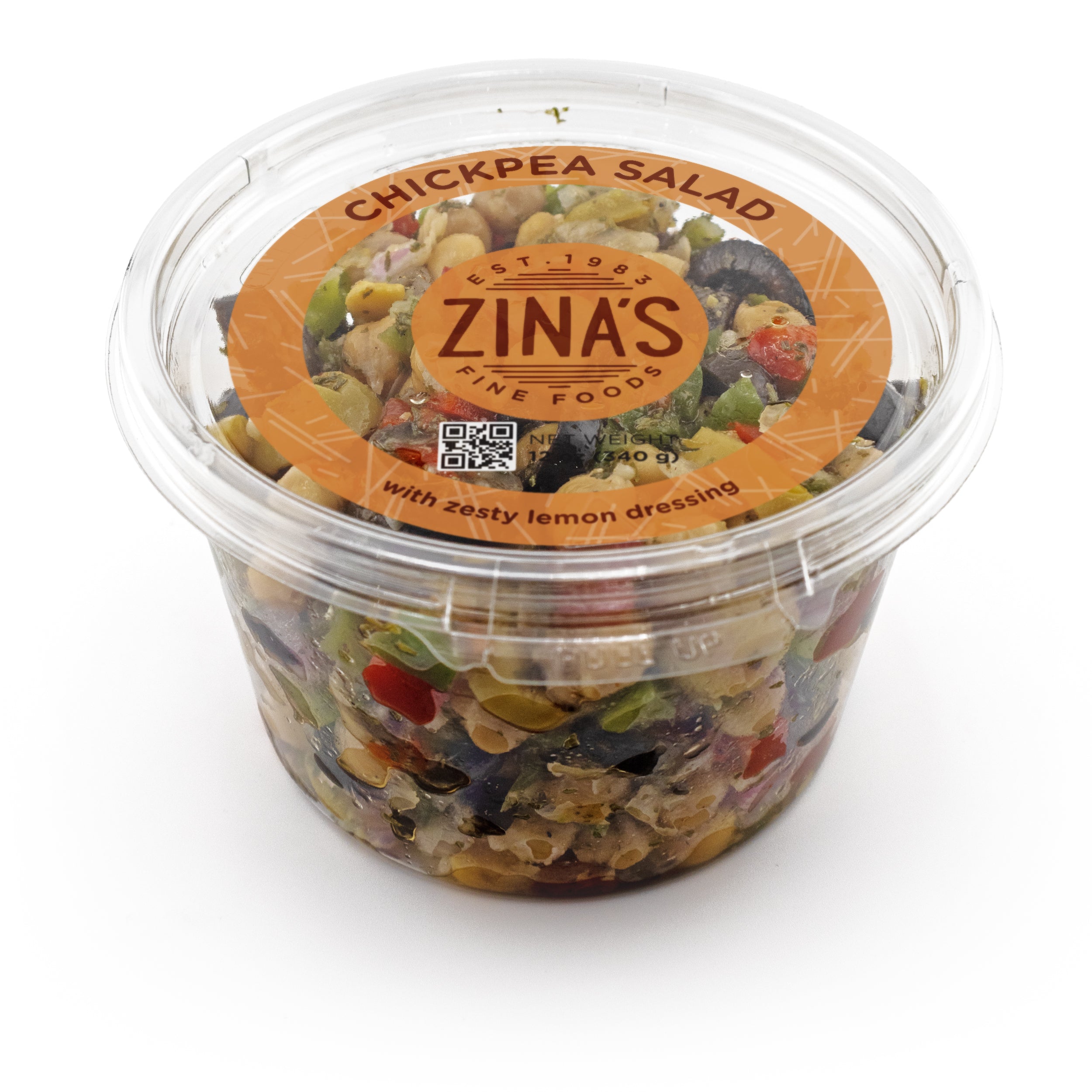 12 oz retail container of Zina's Fine Foods Chickpea Salad with zesty lemon dressing