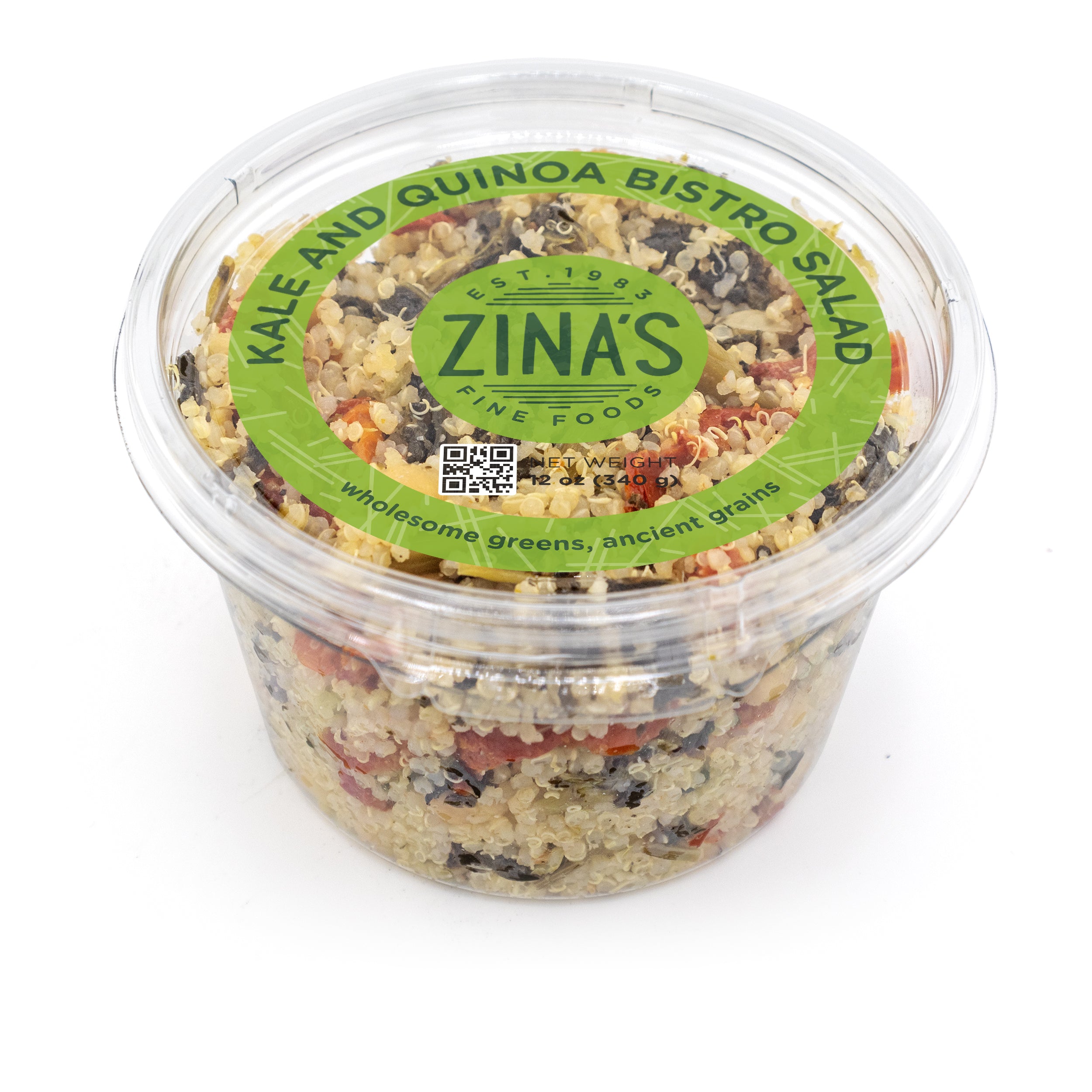 12 oz retail container of Zina's Fine Foods Kale and Quinoa Bistro Salad — wholesome greens and ancient grains