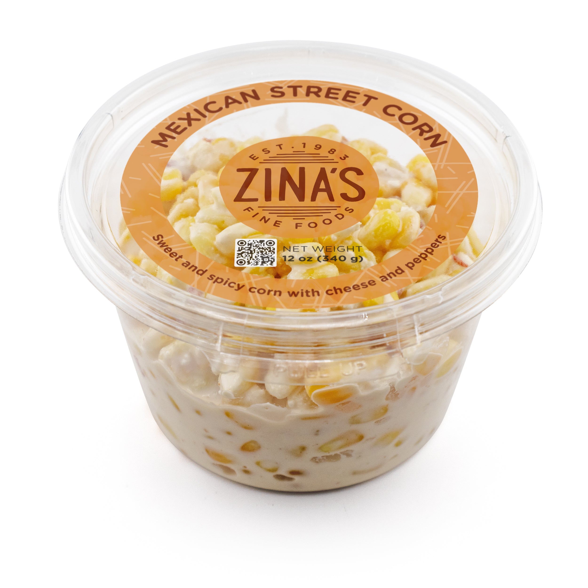 12 oz retail container of Zina's Fine Foods Mexican Street Corn — sweet and spicy corn with cheese and peppers