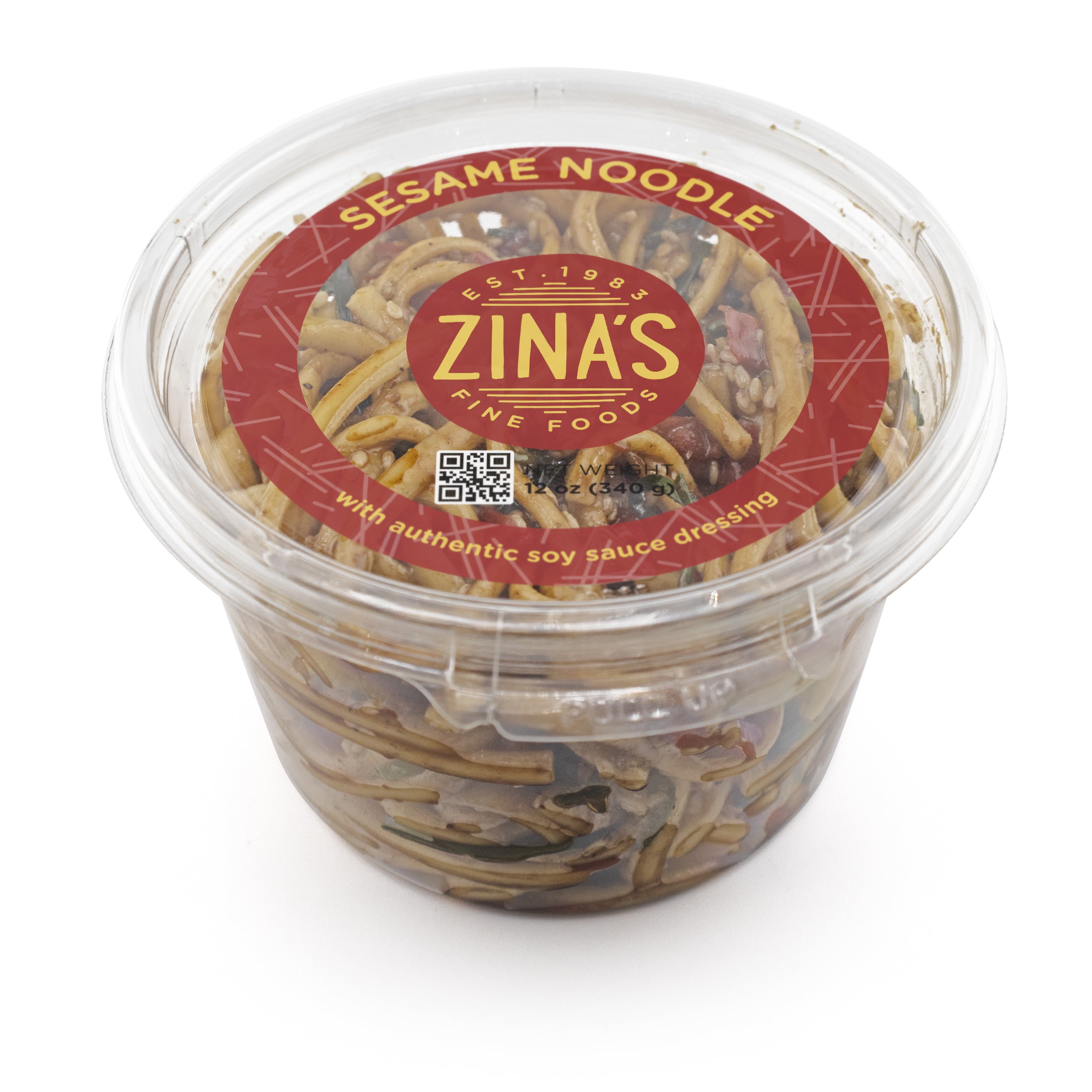 12 oz retail container of Zina's Fine Foods Sesame Noodle Salad with authentic soy sauce dressing