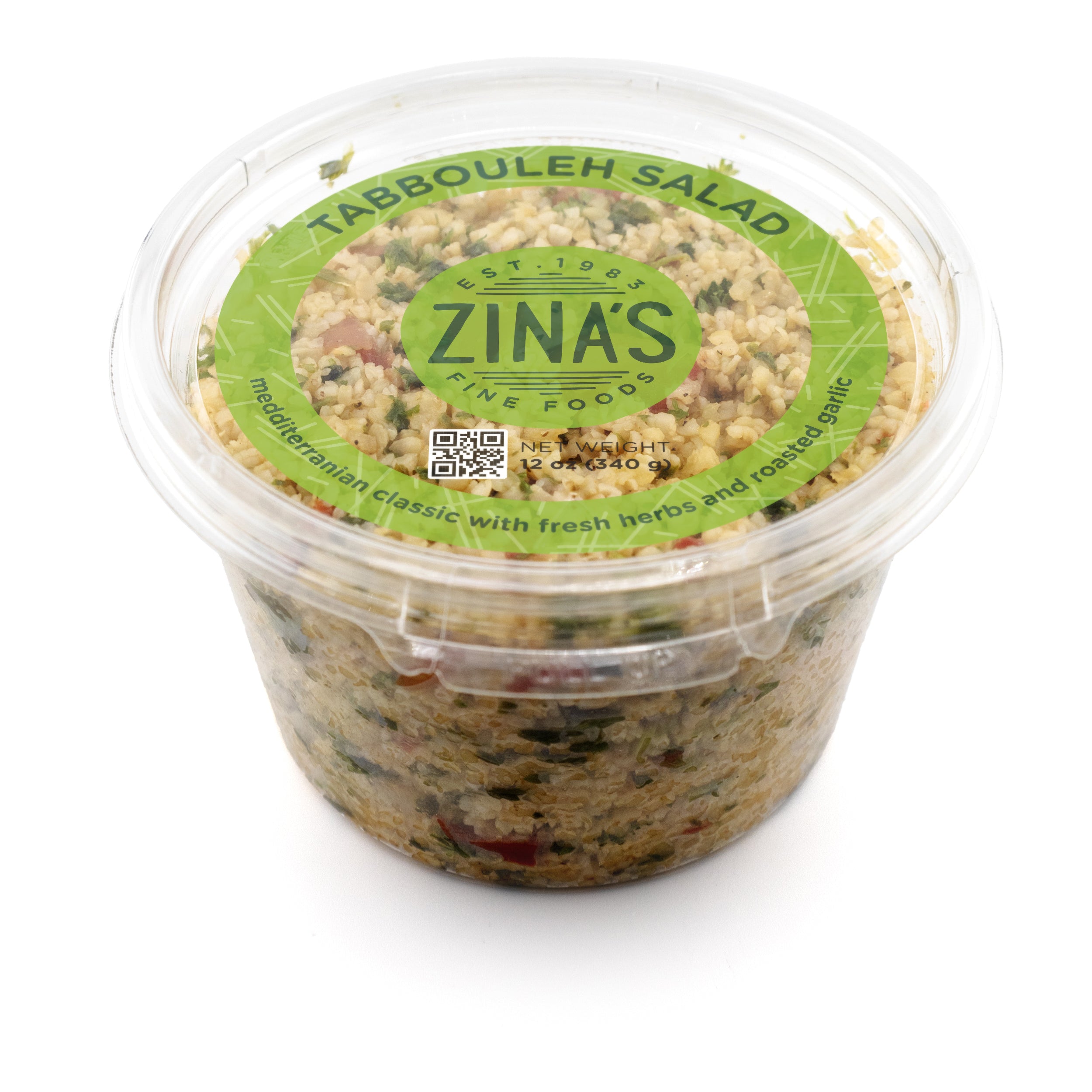 12 oz retail container of Zina's Fine Foods Tabbouleh — Mediterranean classic with fresh herbs and roasted garlic
